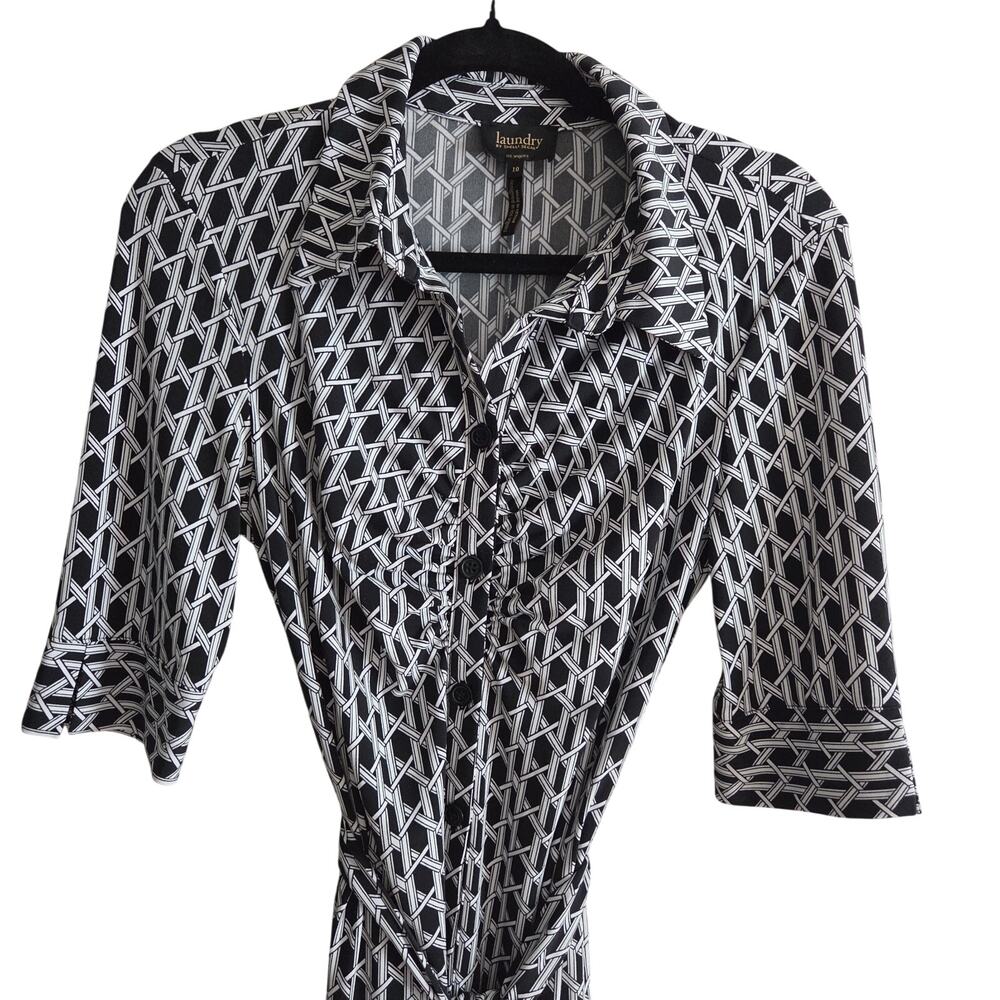 Laundry Shelli Segal Shirt Dress Button Front Silky Black White Geometric Sz 10 - Picture 2 of 13
